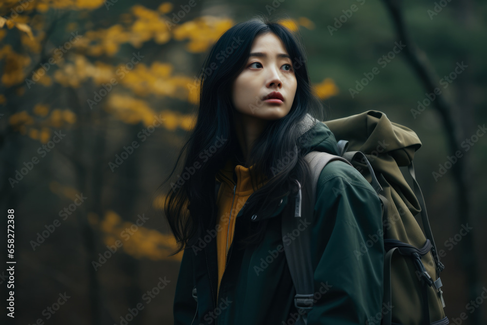 Young asian woman hiking in the woods Young asian woman hiking in the woods
