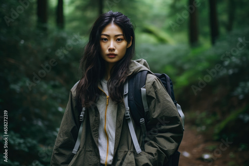 Young asian woman hiking in the woods