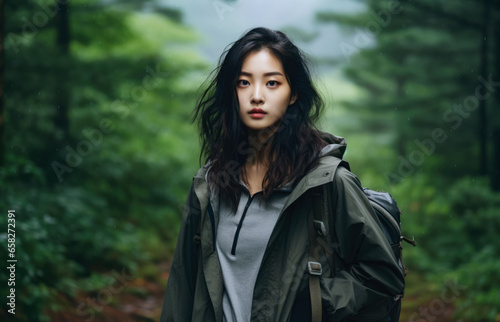 Young asian woman hiking in the woods