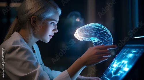 A female neurophysiologist looks at and studies the projection of an X-ray of the brain in the field of innovative and advanced medicine and neurophysiology. photo