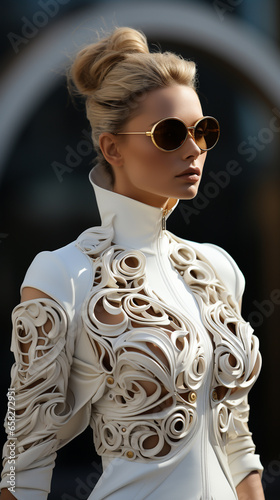 Fashion Week Top Model woman on the street. Futuristic Style. AI Generative photo