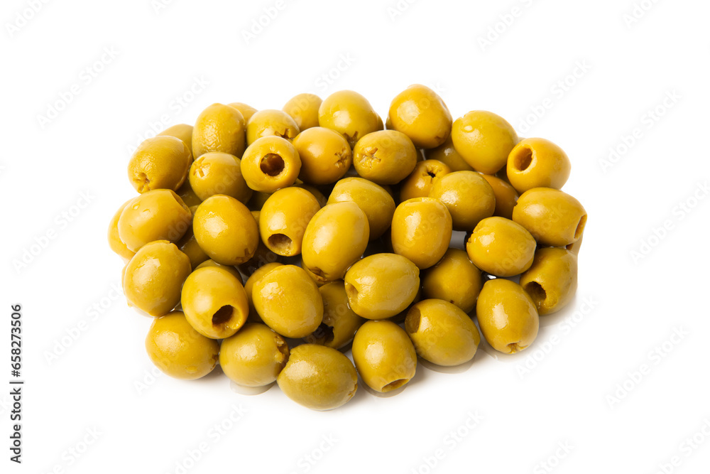 Delicious green olives isolated on white background. Olive and olive tree branches on a white table. Delicacy. Delicious green olives isolated on white background. Olive and olive tree branches on a white table. Delicacy.
