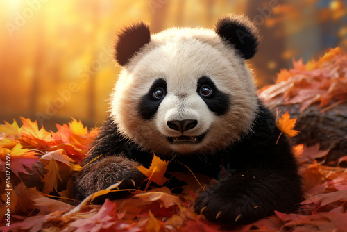 cute panda animal in autumn photo