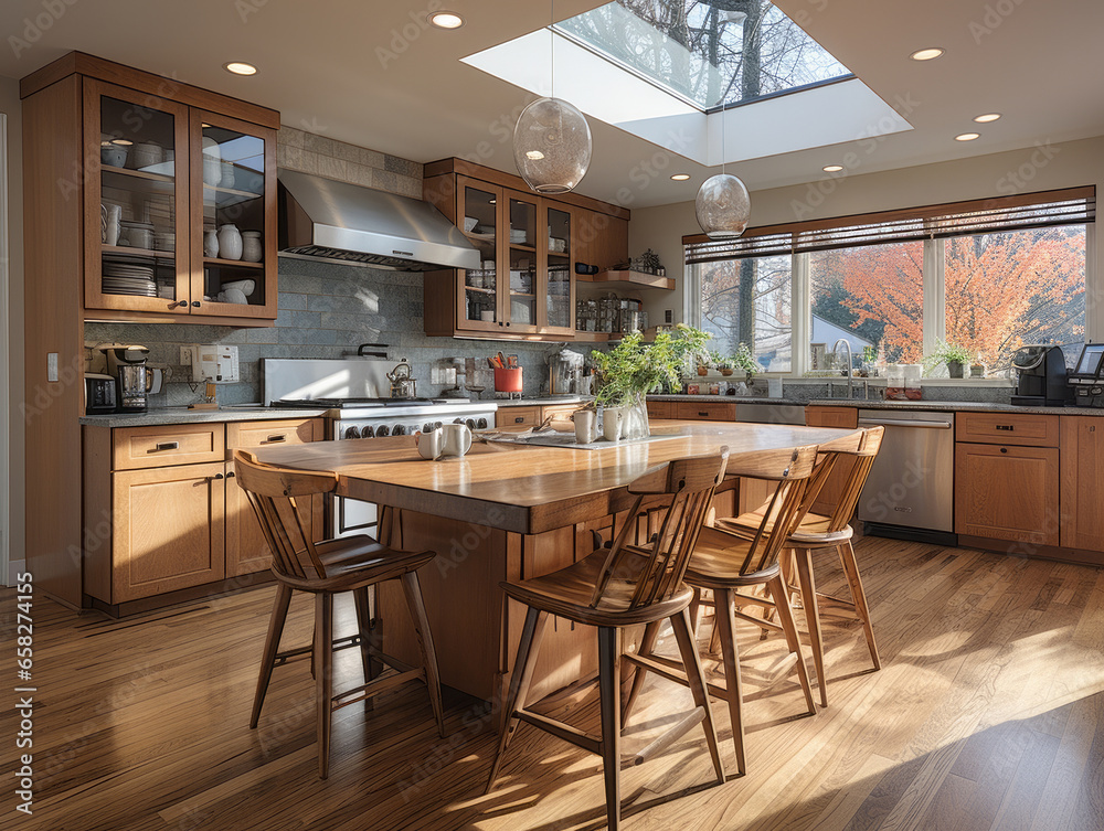 Fototapeta premium Kitchen interior with brown cabinets, granite island and wood floors. 