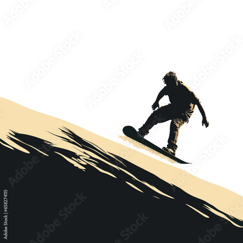 Black silhouette against a white background of a young man sandboarding on a sand dune in the desert photo