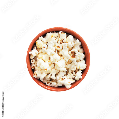 Ready popcorn in a clay bowl on a transparent background. View from above. PNG.