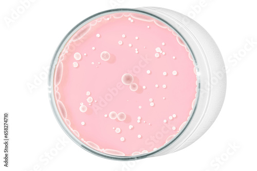 Petri dish isolated on empty background. Pink drops, streaks, bacteria and molecules in a Petri dish.