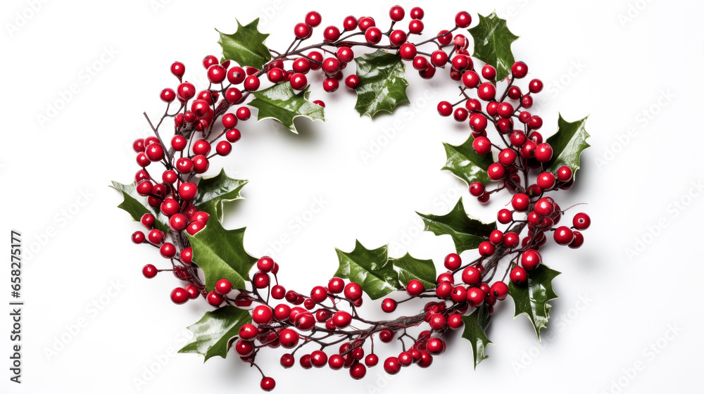 A Christmas wreath made of holly hangs on a clear white background.