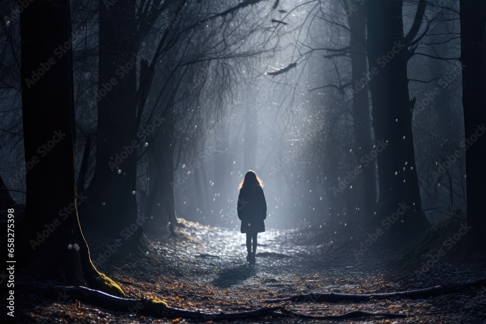 Woman in a misty forest, following a trail - Mysterious Pursuit - AI Generated