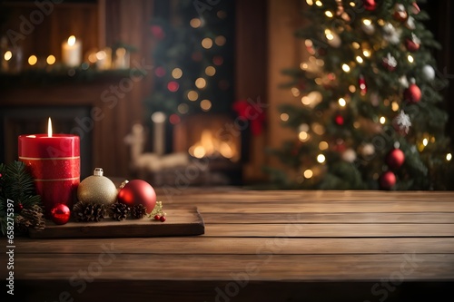 Mesa de madera en primer plano con fondo de una casa en navidad, arbol de navidad difuminado, borroso. photo