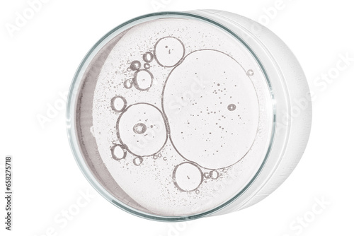 Petri dish isolated on empty background. drops, stains, bacteria and molecules in a Petri dish.