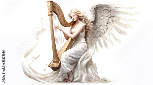 An angel plays a harp on a clear white background in this heavenly image.