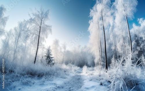 Forest in the frost. Winter landscape. Snow covered trees. AI, Generative AI © Stormstudio