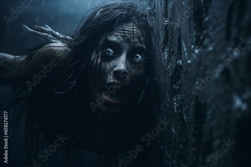 A woman screaming and scared in a haunted horror dark background scene