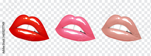 Beautiful realistic female lips in red, pink and beige colors. Set of isolated vector illustrations on transparent background