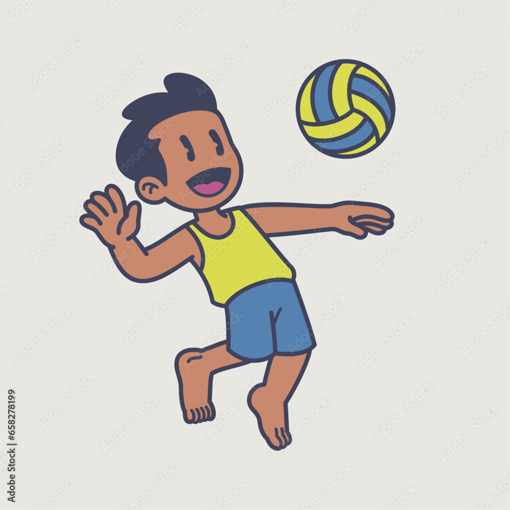 Cute and Happy Boy Playing Beach Volleyball