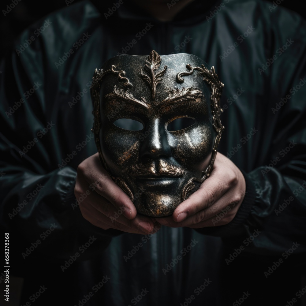 Actor Mask: Unveiling the Mysterious Drama of the Black Mask in Hand. A Celebration of Halloween and Theatre's Secret Object.