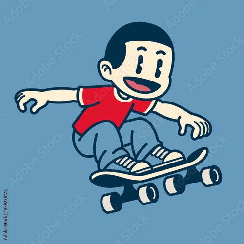 Happy Boy Playing Skateboard Cartoon Vintage