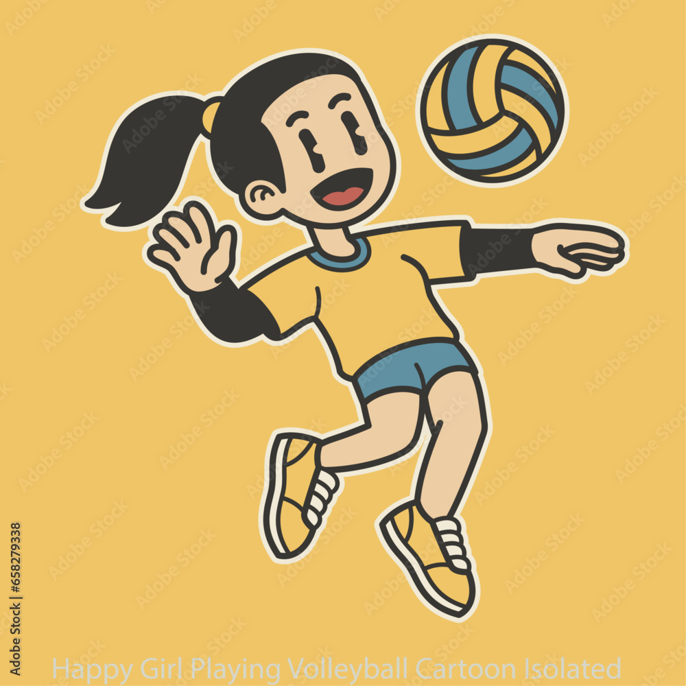 Happy Girl Playing Volleyball Cartoon Isolated