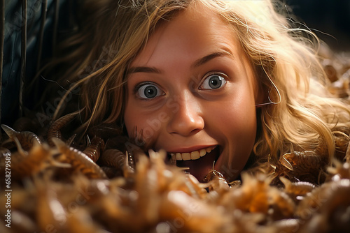 Unsettling scene of a lone, blonde woman immersed in creepy, wriggling maggots.