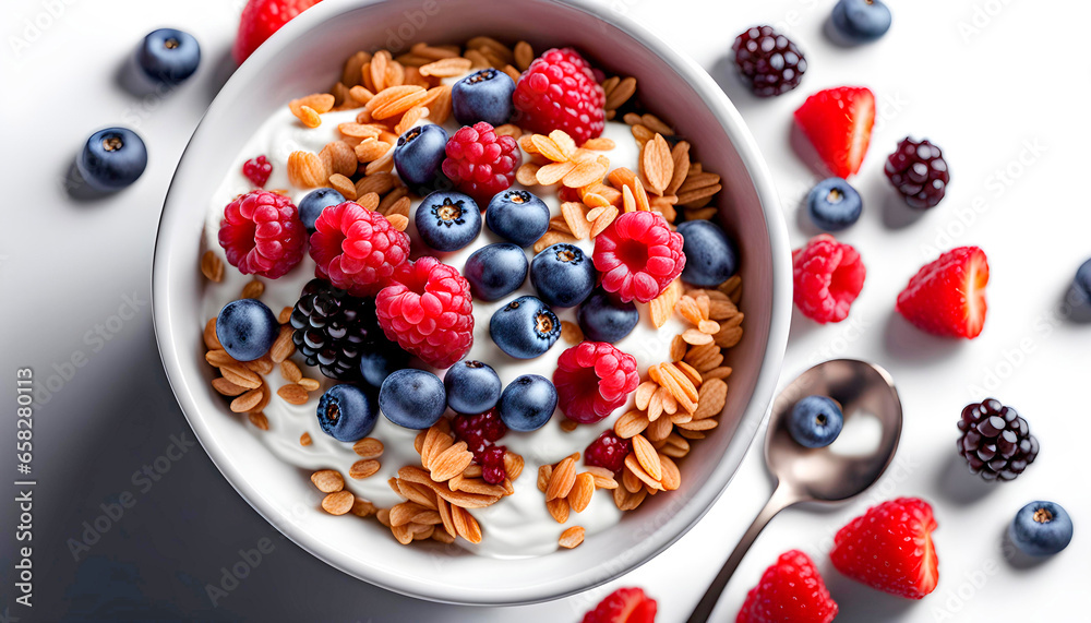 Delicious dish of muesli with yogurt and berries on a white background Delicious dish of muesli with yogurt and berries on a white background