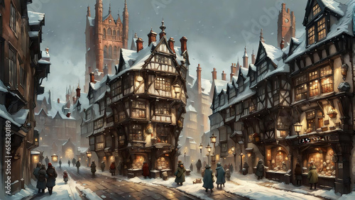 painting of a winter scene with a traditional old-fashioned english town street with snow covered medieval buildings and people passing illuminated windows at twilight