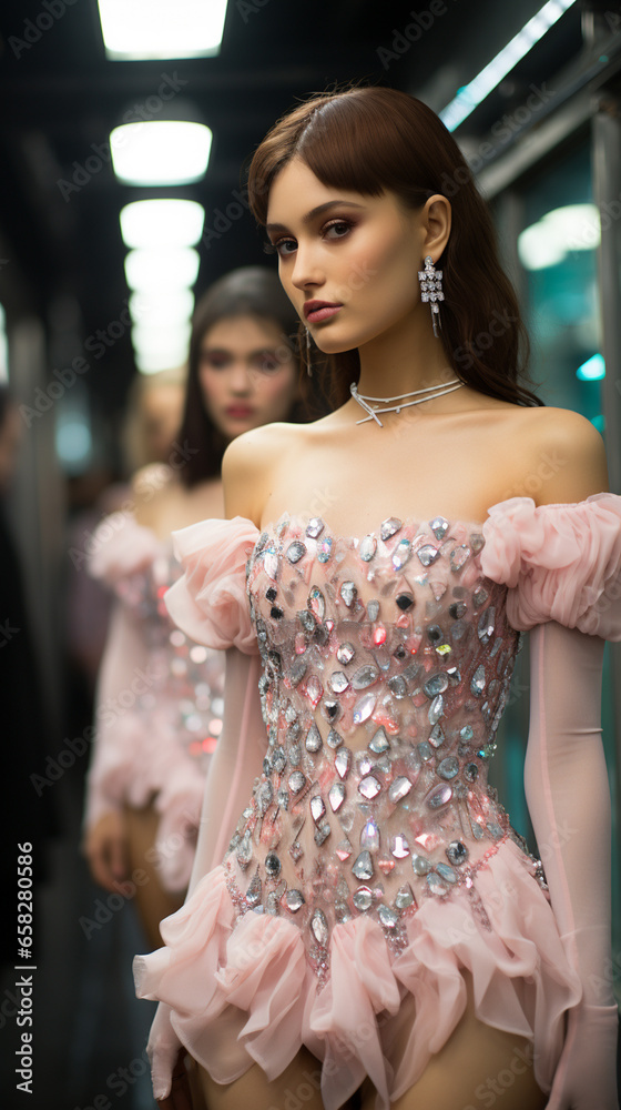 Naklejka premium Fashion Week Top Models women on the podium, catwalk. Futuristic sensitive Style. AI Generative