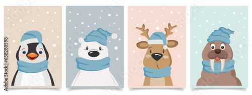 Set of four cute little kawaii cartoon arctic animals wearing scarves and hats in the snow. Polar bear, fawn, walrus, penguin. Posters or postcard designs. Vector