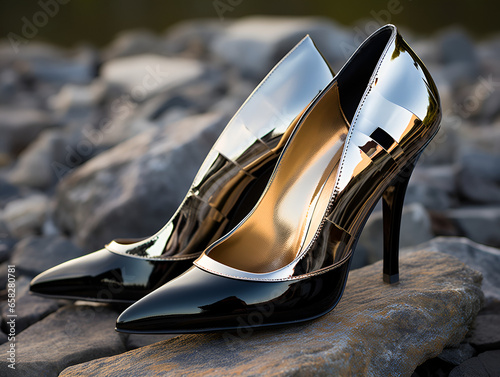 A pair of elegant black and chrome patent stiletto heels with gold insole, sitting on rocks by the beach photo