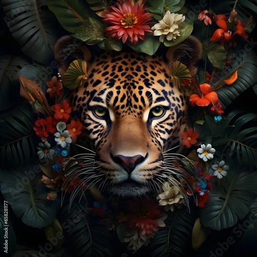 Beautiful looking leopard peeks through colorful flowers. leopard and flowers backgraund