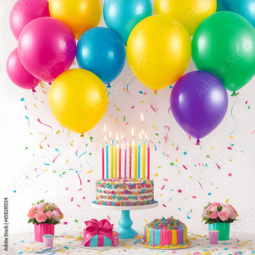 Beautiful happy birthday Background With Balloons  cake with candles by Ai generated 