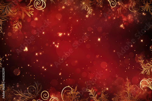 Abstract, red christmas background with golden ornaments and bokeh