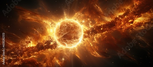 Artistic illustration of the sun in space showing bursting flares and magnetic storms photo