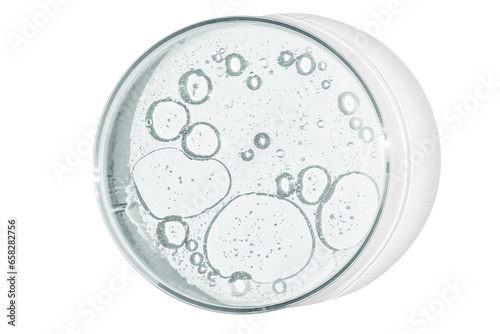 Petri dish isolated on empty background. drops, stains, bacteria and molecules in a Petri dish.