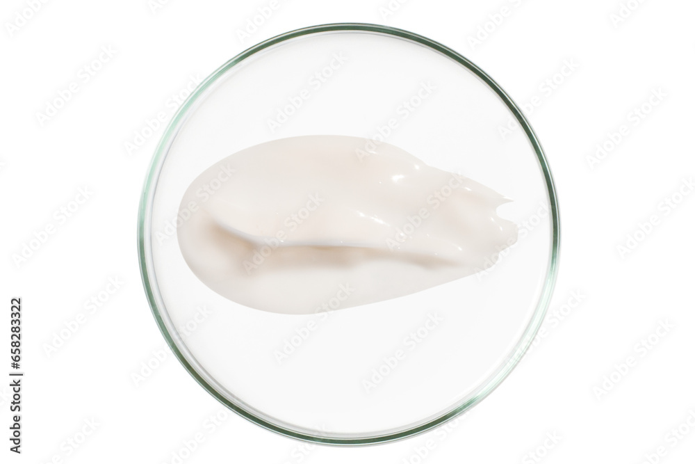 Petri dish isolated on empty background. A smear of cosmetic cream in a Petri dish. Petri dish isolated on empty background. A smear of cosmetic cream in a Petri dish.