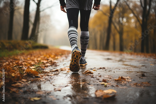 person walks on asphalt doing sports on a rainy autumn day