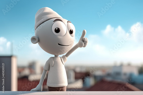 3d illustration of cartoon character with thumb up on the roof.