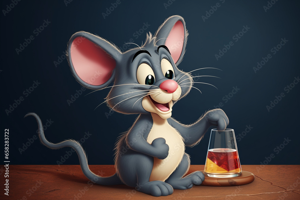 Illustration of a funny cartoon mouse running on a light background.