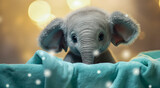 Cute young elephant puppy sitting in bathtub with towel in the background.