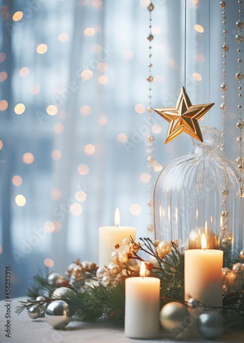 Christmas home decor with candles and Christmas ornaments