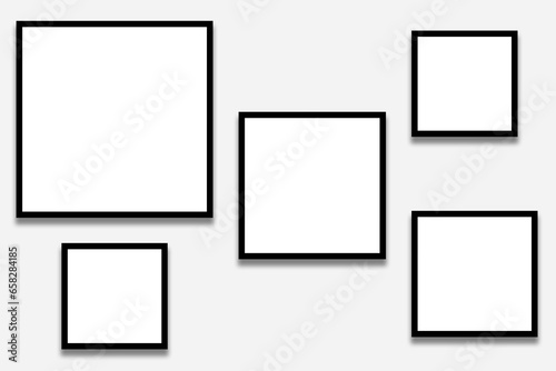 5 Blank white square photo frames template with black borders in a random layout. Used as a printable photo collage or a mock up for album pictures or photographs collection in a gallery wall style.