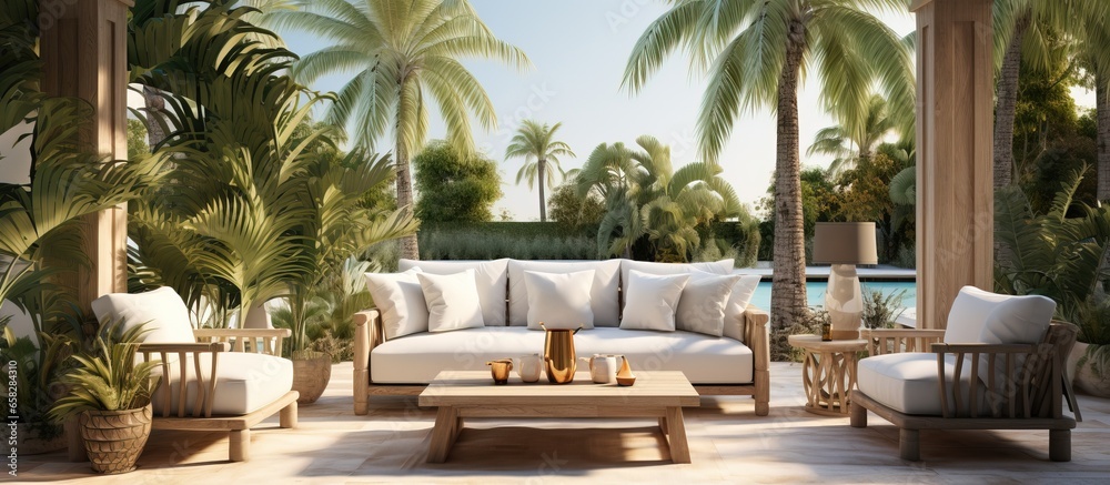 a sunny day on an exotic veranda patio with outdoor furniture shade gazebo and palm trees in the backyard garden