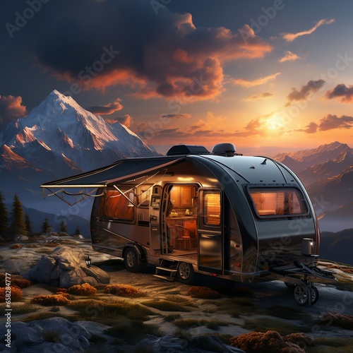 A camper with tent out amidst mountains and sunrise sky