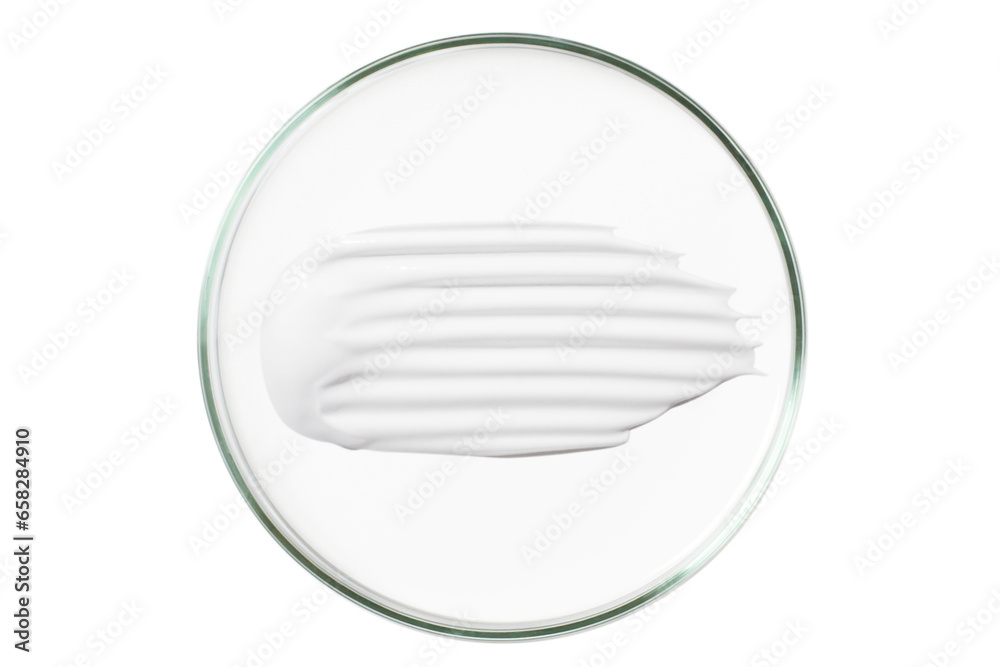 Petri dish isolated on empty background. A smear of cosmetic cream in a Petri dish. Petri dish isolated on empty background. A smear of cosmetic cream in a Petri dish.
