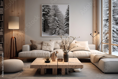 Home interior design, modern scandinavian living room, winter time