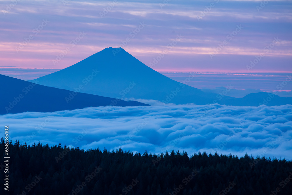 霧ヶ峰からの夜明け前の雲海と富士山