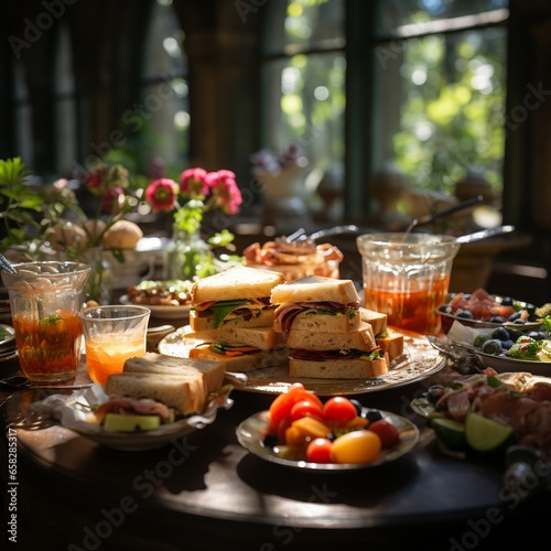 A buffet is filled with sandwiches and other snack food