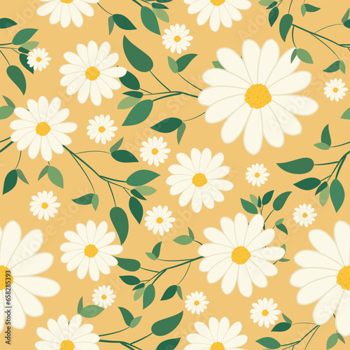 Vector seamless floral pattern with elegant white daisies and green leaves on a beige background. 