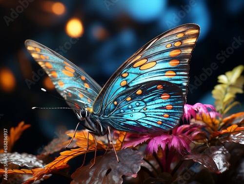 A butterfly with colorful colors sitting on a leaf in the forest