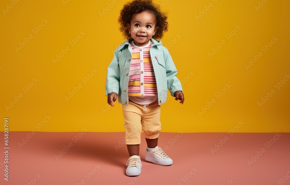 A radiant African American toddler gleams with joy, donned in vibrant clothing against a yellow backdrop. Perfect for children's fashion campaigns or capturing the essence of childhood delight.
